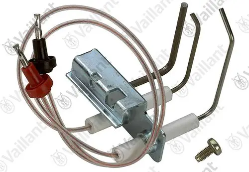 Vaillant Elektrode zur Zündung und Überwachung, bestehend aus einem Metallteil mit Anschlussdrähten und Sonden, ergänzt durch eine Schraube.